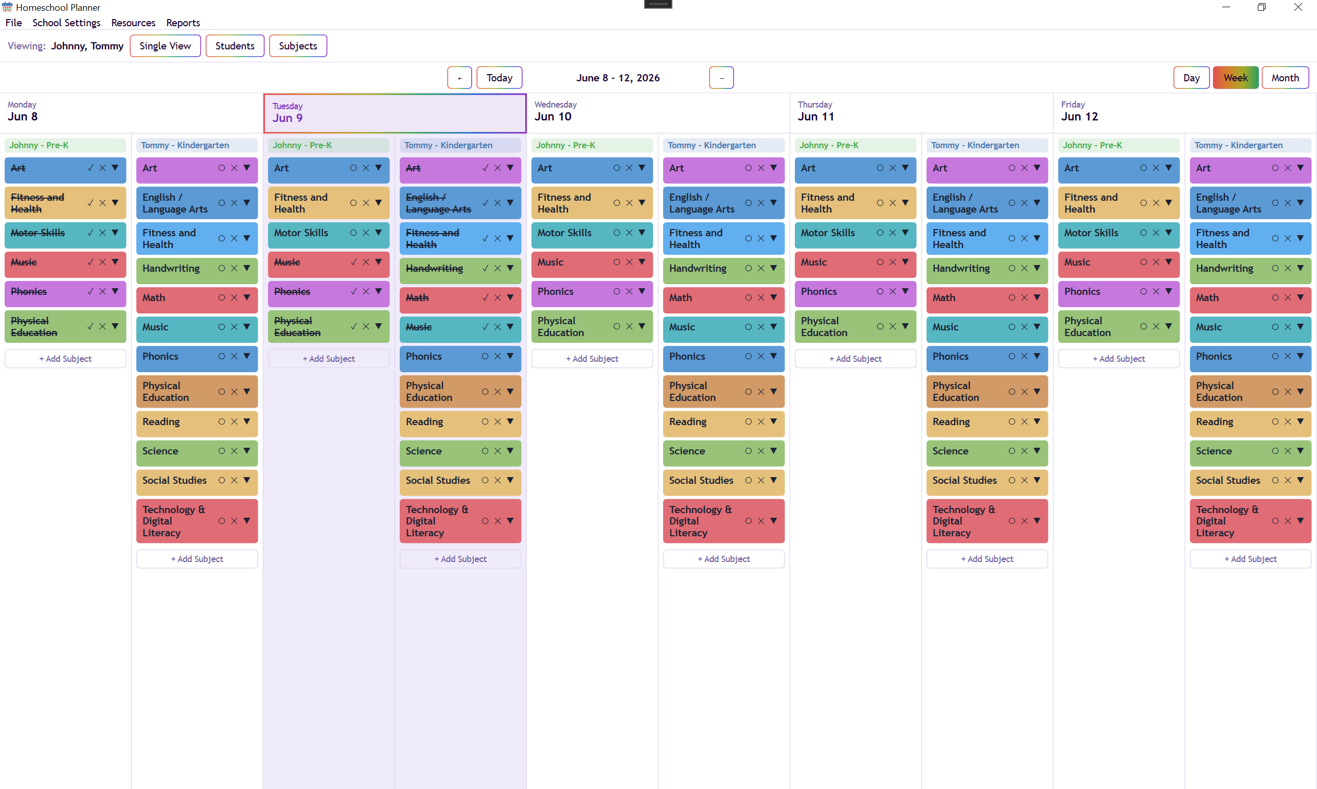 Homeschool Planner week view showing two students with color-coded subjects